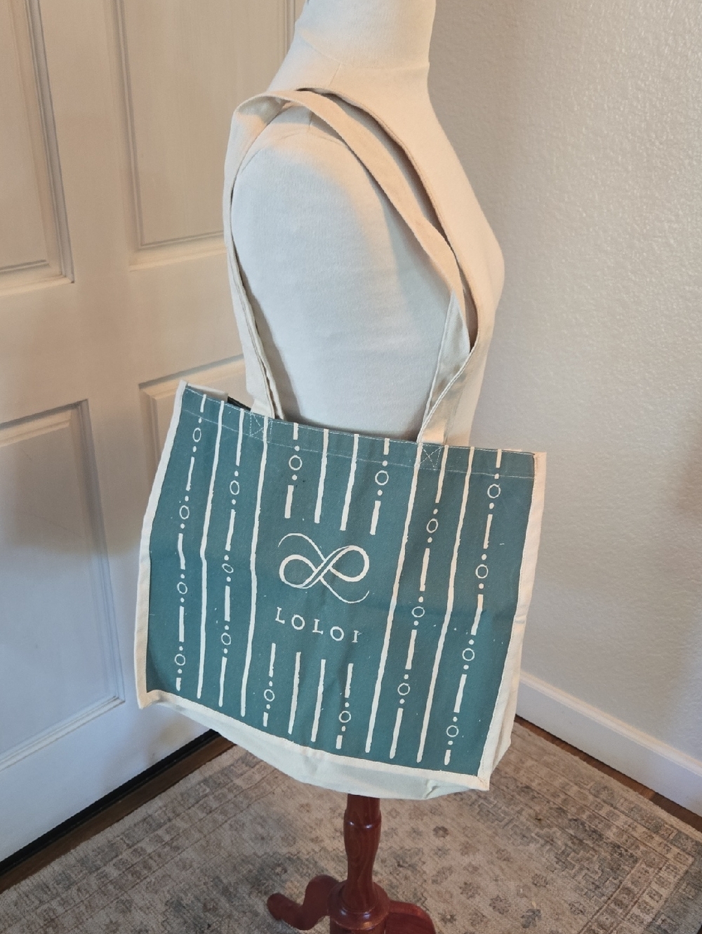 LOLOI Teal and Cream Printed Canvas Tote